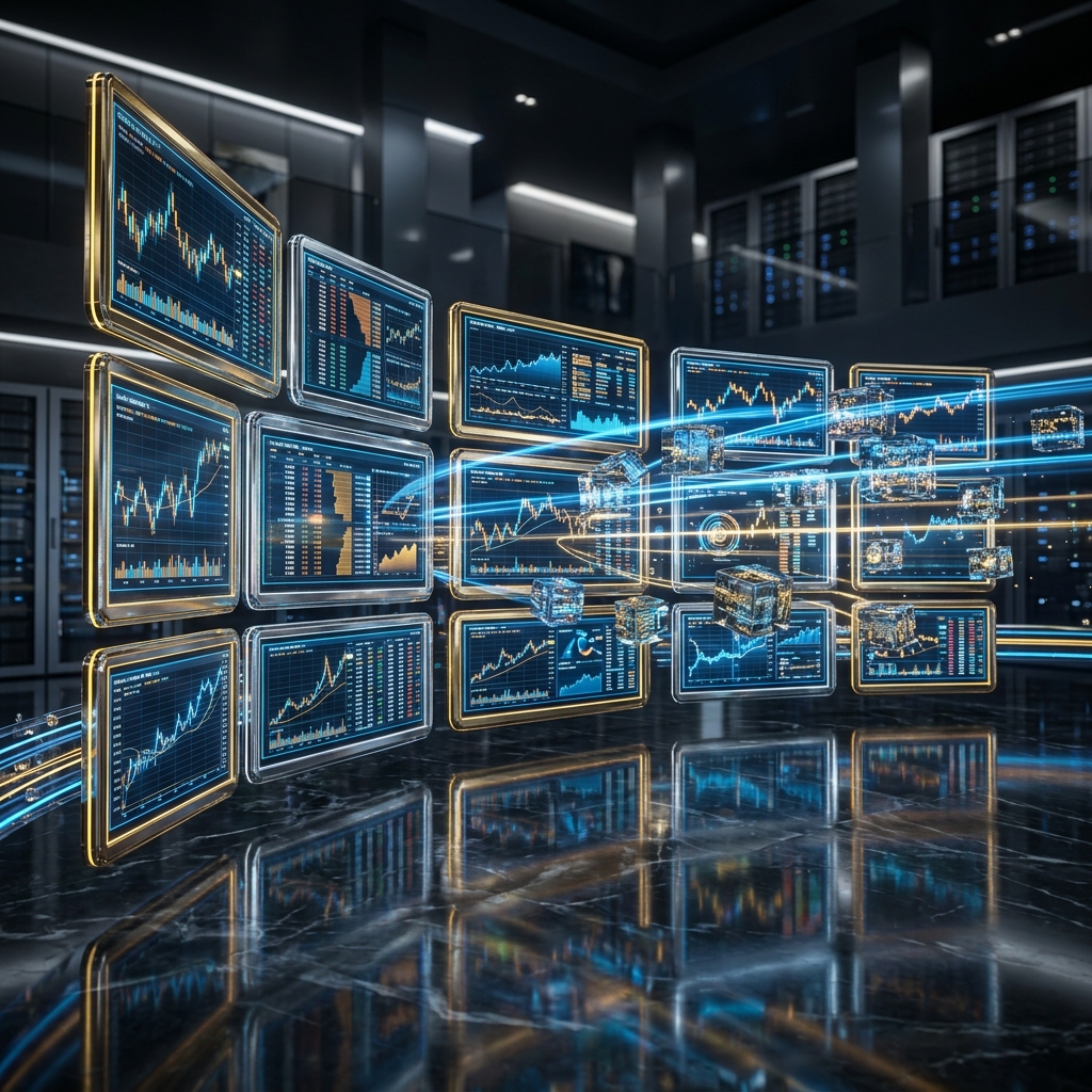 Algorithmic hedge fund trading visualization with candlestick charts and data streams