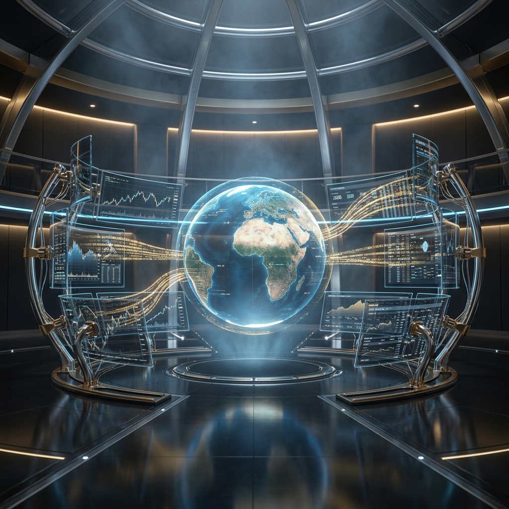 IBI Trading Hub command center with holographic globe and multi-screen trading terminals